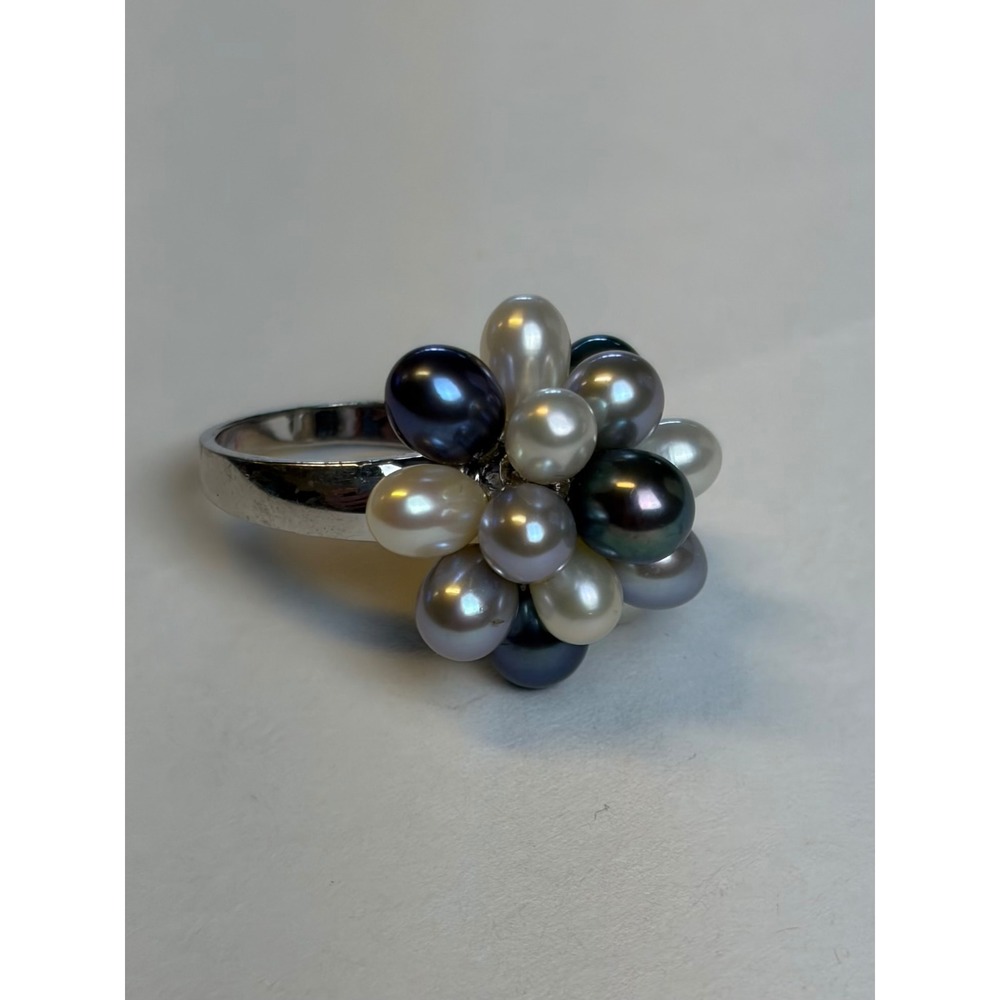 CGI Sterling Silver Pearl Ring 5.5 Blue White Cluster Flower Statement 925 CN